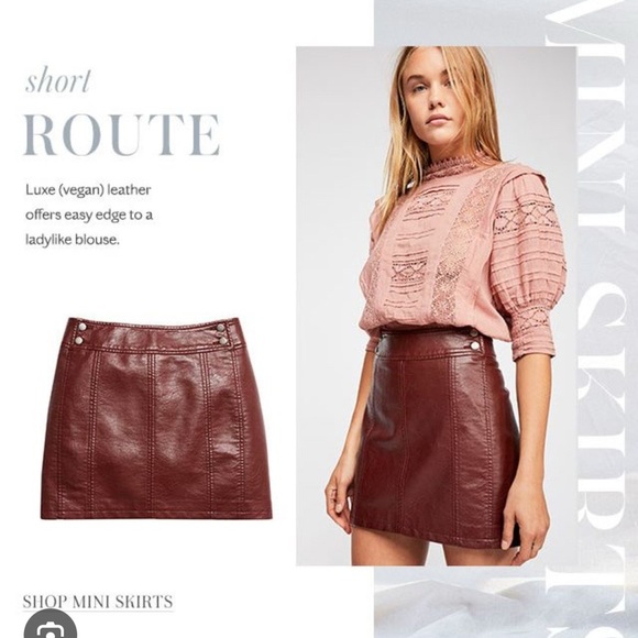 Free People Retro Burgundy Maroon Faux Vegan Leather Mini Skirt - Picture 1 of 10